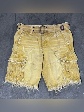 VTG Distressed Abercrombie & Fitch Belted Baggy Military Cargo Shorts Mens Sz 32
